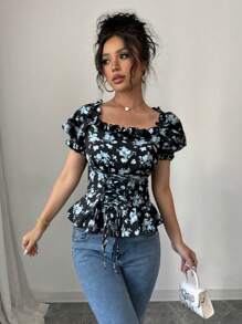 Chiquease Women's Ditsy Floral Square Collar Puff Sleeve Ruffled Tie Waist Shirt - Black - View 4