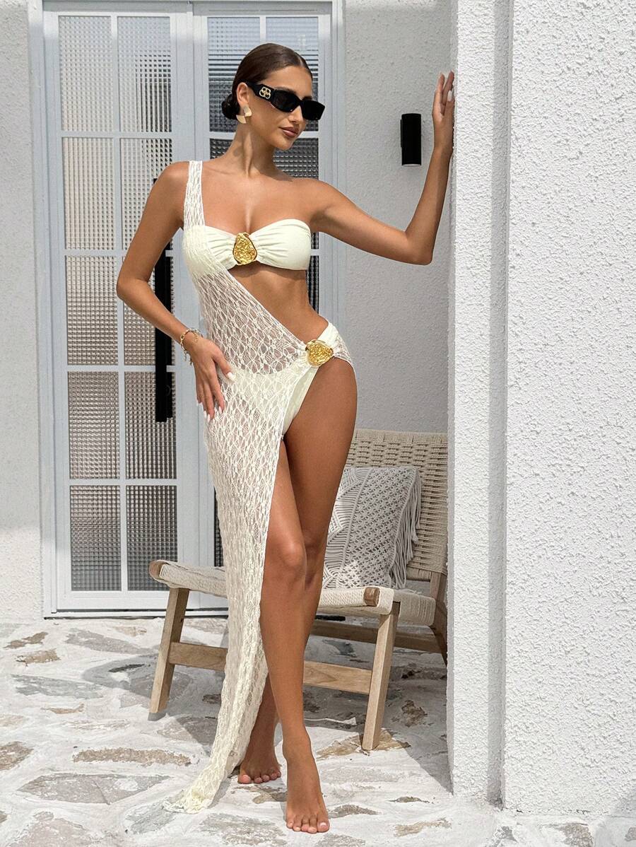 Swim Chiccia Conjunto de 3 Peças, Saia de Praia e Maiô Bikini Estilo Vintage com Elos Metálicos, Primavera/Verão - Branco - Visão 1