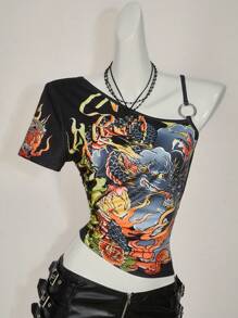 SHEIN ICON 女士 Y2k 外出龙印花不对称领口短袖时尚 T 恤，日常穿着