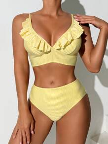 SHEIN Swim Solid Color And Striped Bikini Swimsuits For Summer Beach Vacation - Yellow - View 5