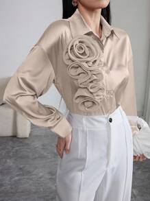 Modelyn Elegant Solid Color Applique Long Sleeve Women Blouse - Champagne - View 5