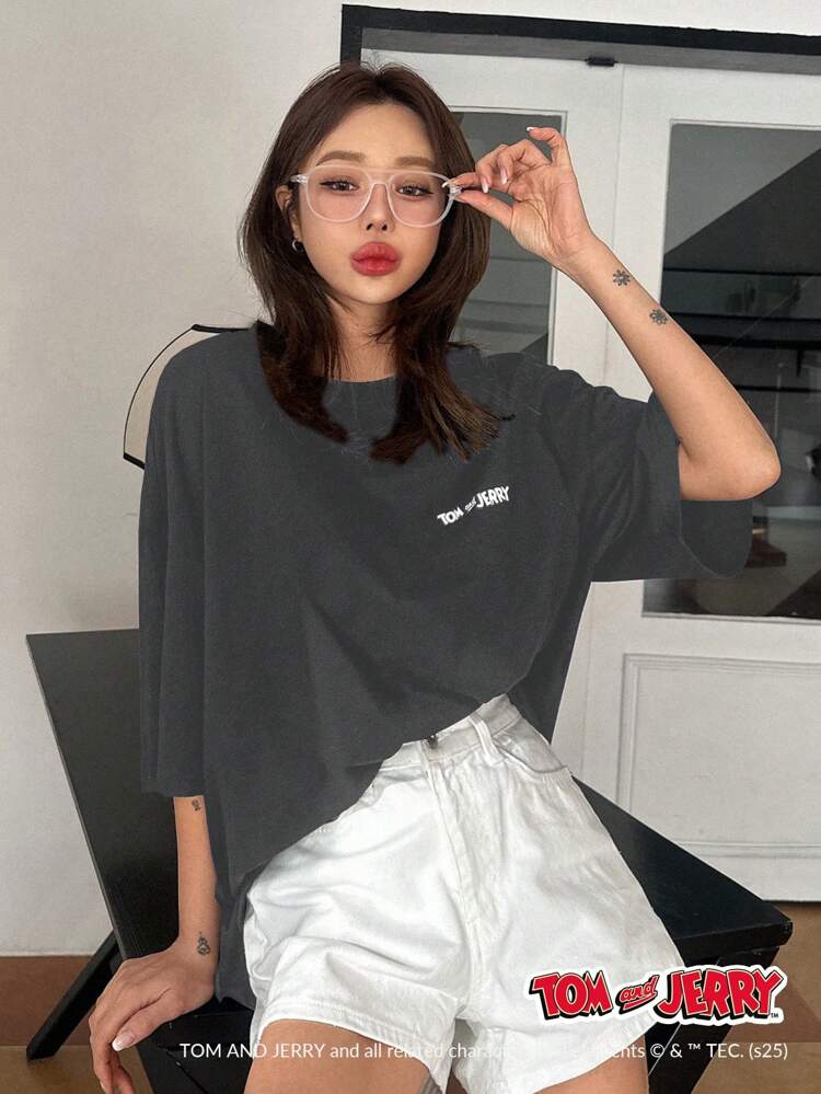 TOM AND JERRY X DAZY Casual Round Neck Loose Letter And Cartoon Cat Printed Long Short Sleeve Women T-Shirt Cute Top Oversized T-Shirt, Graphic Tee, Teacher