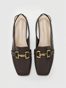 CUCCOO BIZCHIC Women's Square Toe Chunky Heel Metal Chain Strap Flats, Minimalist Style, Suitable For Vacation, Outing, Commuting, Casual Wear - Brown - View 2