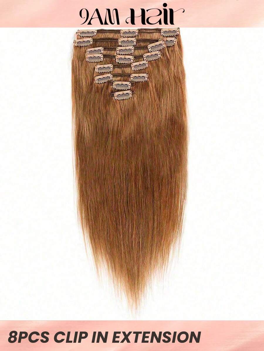 8pcs Clip In Straight Human Hair Extension 8# Extension For Women Daily Use Real Easy To Wear Ombre Color Hair Extensions - S9 - View 1