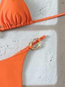 Swim Vcay Women's New Fashionable Solid Color Halter Backless Metal Decor Sexy Triangle Bikini Swimwear Set, Summer Beach - Orange - View 3
