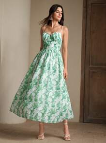 Anewsta Vacation, Elegant, Easter Boho Style Hollow-Out Floral Print Spaghetti Strap Dress For Summer - Green - View 4