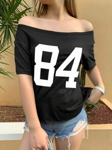 SHEIN Explorewe Teen Girls Summer Casual Numeric Print Asymmetrical Neck Batwing Sleeve T-Shirt