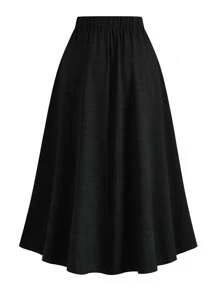 SHEIN Clasi Plus Size Women A-Line Gray Linen Mid-Length Casual Skirt, Spring - Black - View 2