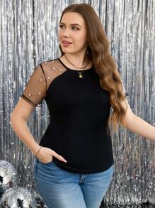 SHEIN Clasi Plus Size Beaded Decor Mesh Patchwork T-shirt met korte mouwen