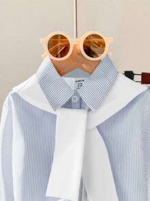 SHEIN Genkimix Kids 年轻女孩休闲韩版时尚翻领插肩袖宽松条纹上衣配披肩和松紧腰直筒纯色牛仔裤套装 - 藍色 - 查看 5