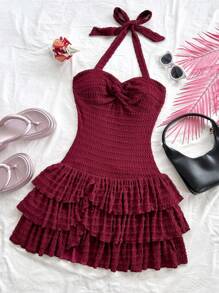 Soleia Urlaubs Damen Weinrot elastisches Fairy Plissee Büstenhalter, Neckholder mit Bindebändern und Schleife, mehrstufiges Kuchen-Saum Mini-Kleid, kann innen oder außen getragen werden