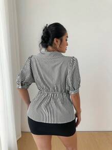 Elenzga Plus Size Elegant Striped Collared Blouse With Bow Pleated Detail - Black and White - View 2