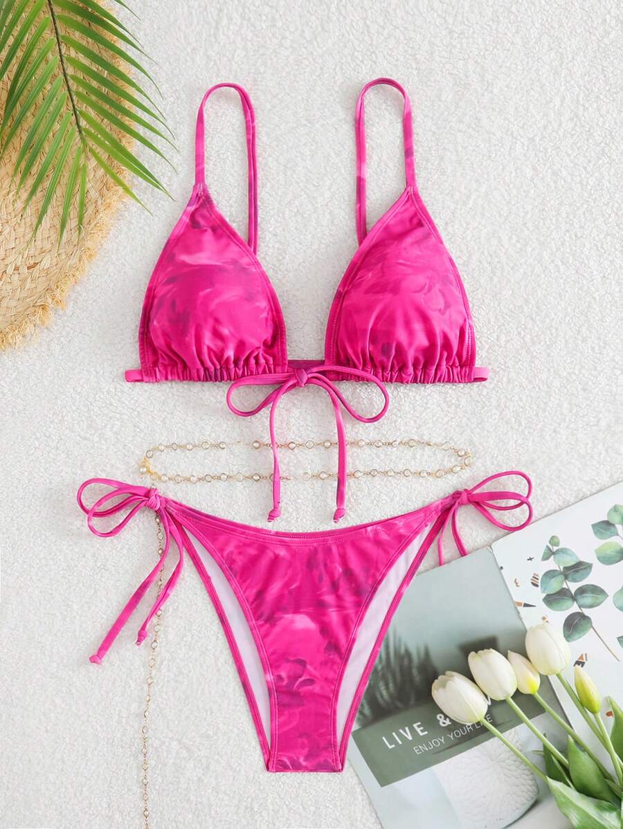 Swim Mod 女士扎染印花性感比基尼泳装套装，随机印花图案 - 玫紅色 - 查看 1