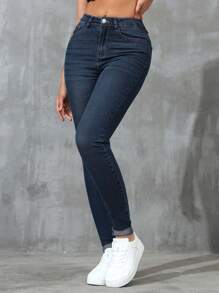 Women's Slim Fit Casual Jeans With Pockets - Dark Wash - View 7