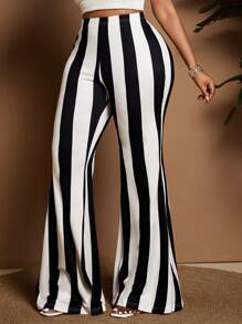 Maweii Plus Size Vertical Striped Flare Pants, Fashionable And Suitable For Summer Fall Cloth For Women - Black and White - View 4