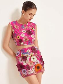 GENKIRA 2 件套：刺绣花卉贴花细节短袖上衣吊带背心和修身迷你裙波西米亚风度假时尚风格全身印花 - 粉色 - 查看 1