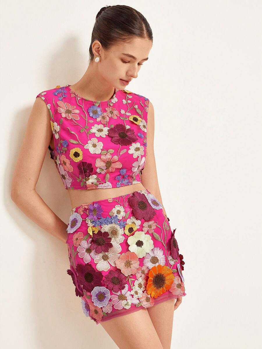 GENKIRA 2 件套：刺绣花卉贴花细节短袖上衣吊带背心和修身迷你裙波西米亚风度假时尚风格全身印花 - 粉色 - 查看 1