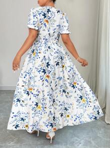 Flirla Robe imprimée floral sur tout avec manches bouffantes, style décontracté pour grandes tailles - Blanc - Voir 5