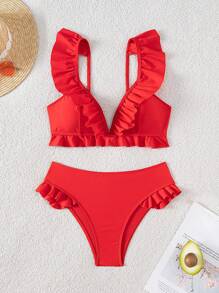 Swim Mod 女士海滩度假纯色荷叶边短款上衣和荷叶边侧系带比基尼套装，夏季服装 - 紅色 - 查看 5