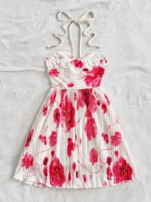 Soleia Women's Holiday Style Red Tie Dye Floral Print A-Line Tie-Front Halter V-Neck Flowy Ruffle Vacation Dress, Sexy Cute Summer Graduation Wedding Party Christmas Outfit