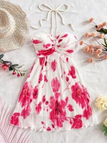 Soleia Women's Holiday Style Red Tie Dye Floral Print A-Line Tie-Front Halter V-Neck Flowy Ruffle Vacation Dress, Sexy Cute Summer Graduation Wedding Party Christmas Outfit
