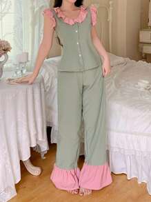 法式优雅淑女蕾丝边女士睡衣套装