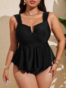 SHEIN Swim Curve Plus Size 2pcs Solid Color Wide Strap V-Neck Loose Skirt Bottom High Waist Triangular Briefs Elegant Resort Swimwear For Summer Beach Vacation - Black - View 5