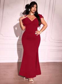 Viva Relle Plus Size Elegante Effen Kleur Ruffle Twist Slit Fishtail Jurk