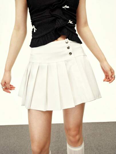 Rina Fox 女士性感百褶迷你裙，低腰纯色百褶迷你裙