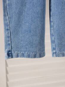 SHEIN Genkimix Kids 年轻女孩休闲韩版时尚翻领插肩袖宽松条纹上衣配披肩和松紧腰直筒纯色牛仔裤套装 - 藍色 - 查看 3