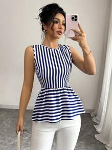 Chiquease Damen Gewebtes gestreiftes Muster Elegantes Urlaubssommer Hemd