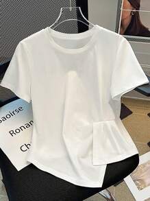 Franclia 女士休闲纯色不对称下摆 T 恤 - 白色 - 查看 3
