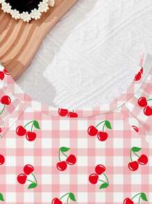 SHEIN Leap Crew Baby Girls Cute Plaid & Cherry Print Casual Slim Fit Sleeveless One-Piece Swimsuit, Suitable For Summer - Dusty Pink - View 3