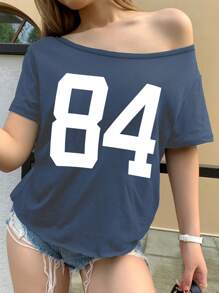 少女 84 号印花圆领短袖不对称领口 T 恤 - 藍色 - 查看 1