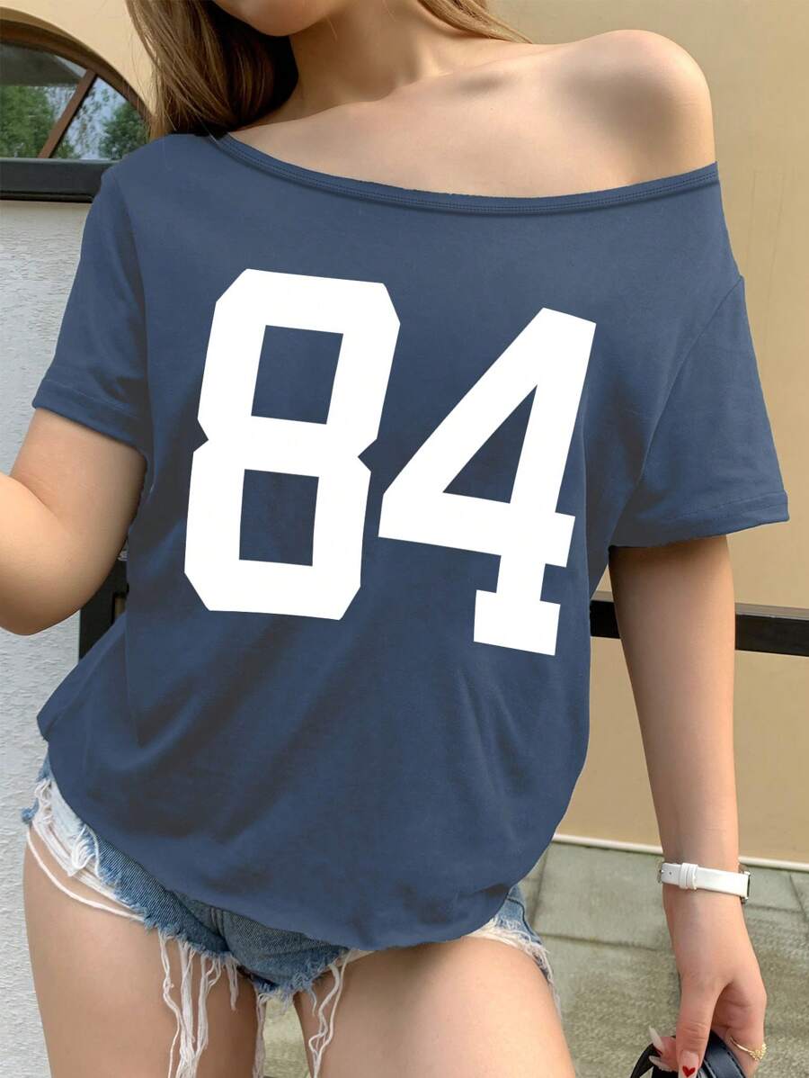 少女 84 号印花圆领短袖不对称领口 T 恤 - 藍色 - 查看 1