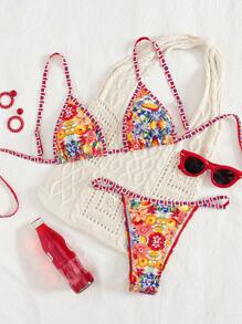 Swim Mod Floral Print Triangle Cup Sexy Bikini Set, Summer Vacation Style - Multicolor - View 1