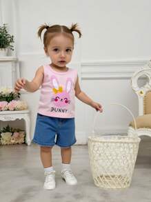 Rosa Trägershirt für Babys mit süßem Top mit Kaninchen Muster, gepaart mit mittelblauen, verwaschenen, lockeren Jeans-Shorts, alltagstaugliches Sommeroutfit, Osterelemente - Verschiedenfarbig - Übersicht 3