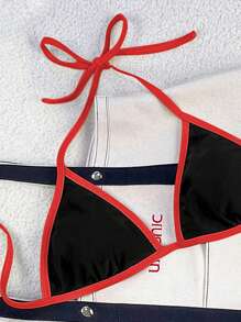 Swim Vcay Bộ bikini dây mảnh cổ yếm màu đen + đỏ phối hợp gợi cảm dành cho nữ, thích hợp cho kỳ nghỉ hè 2026. - Nhiều màu - Xem 4