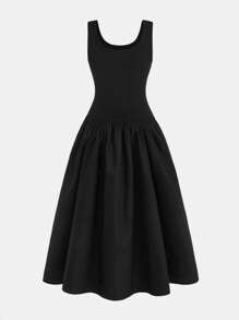 SHEIN Tween Girls' Casual Minimalist Comfort Round Neck Sleeveless Patchwork Dress - Black - View 3