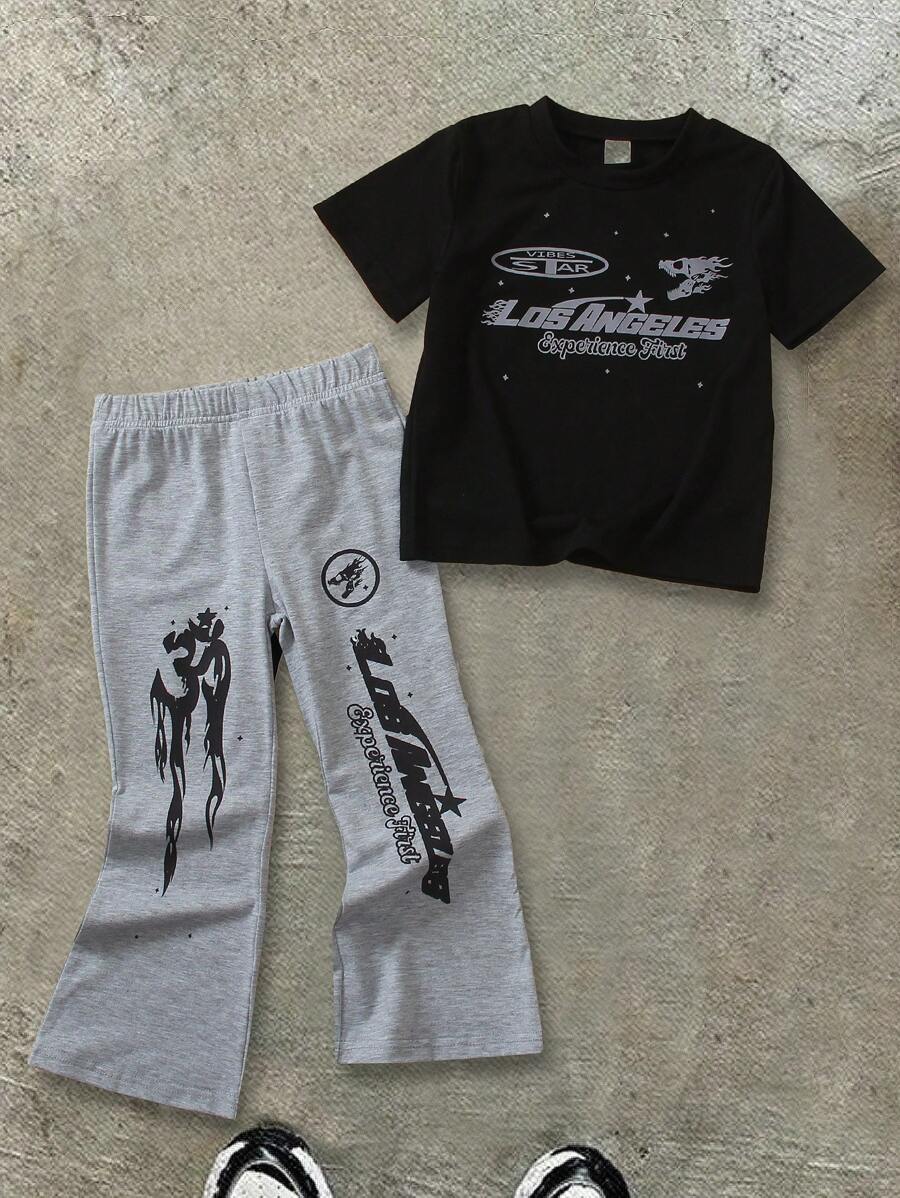SHEIN 2pcs/Set Young Boy Summer High Street Flame,Starry,Hip-Hop American Streetstyle Short Sleeve T-Shirt And Jogger Pants Set For Outdoor,School,Play - Multicolor - View 1