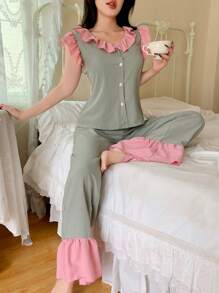 法式优雅淑女蕾丝边女士睡衣套装