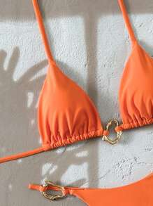 Swim Vcay Women's New Fashionable Solid Color Halter Backless Metal Decor Sexy Triangle Bikini Swimwear Set, Summer Beach - Orange - View 5