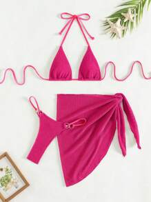 SHEIN Swim 女士夏季海滩纯色吊带性感比基尼泳装套装，带罩衫和裙子，3 件套，特殊面料 - 玫紅色 - 查看 1