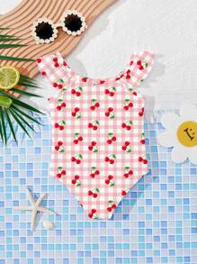 SHEIN Leap Crew Baby Girls Cute Plaid & Cherry Print Casual Slim Fit Sleeveless One-Piece Swimsuit, Suitable For Summer - Dusty Pink - View 2