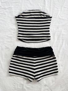 Soleia Women 2pcs/Set Holiday Striped Ruched Tube Top & Low Waist Shorts, Summer Clothes, Beach Outfit,Summer Sets - Black and White - View 2