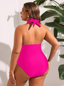 Swim Oasis 2pcs Plus Size Women Halter Backless One Piece Swimsuit With Random Printed Long Beach Cover-Up Skirt, Vacation Beachwear Set For Summer - Pink - View 7