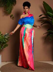 Maweii Plus Size Satin Twist Knot Slit All-Over Print Open Shoulder Bodycon Dress