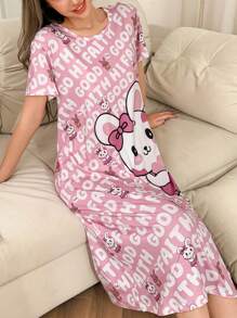 Camisón largo con estampado de gato y bloques de color, estilo dulce y acogedor para mujer en temporada de vacaciones, Moo Moo