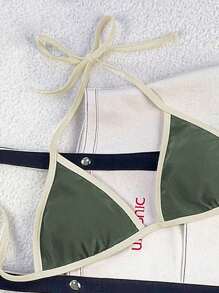 Conjunto de 2 piezas de bikini de tirantes finos: parte superior tipo halter con color contrastante y shorts de natación de amarrar a los lados, traje de baño de mujer de talla regular