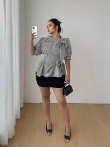 Elenzga Plus Size Elegant Striped Collared Blouse With Bow Pleated Detail - Black and White - View 4